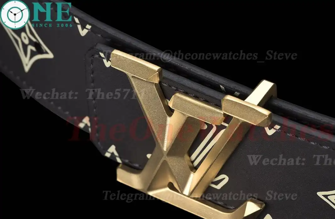 Yellow Gold LV Brass Buckle on Black Leather Belt 4.0cm