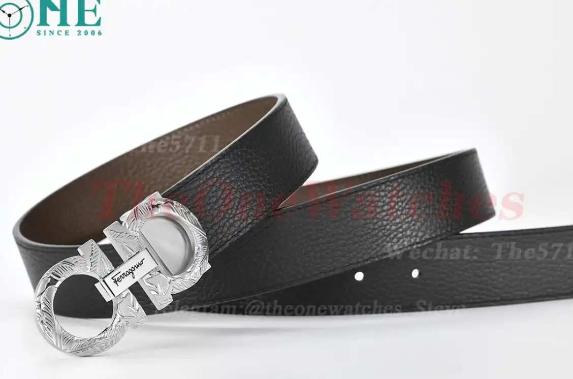 Silver Brass Buckle on Black Apricot Leather Belt 3.5cm