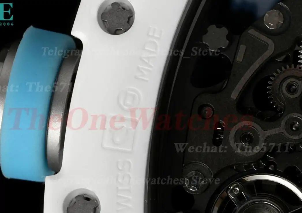 RM055 White Ceramic Blue Skeleton Dial On White Rubber Strap T+F RMUL2