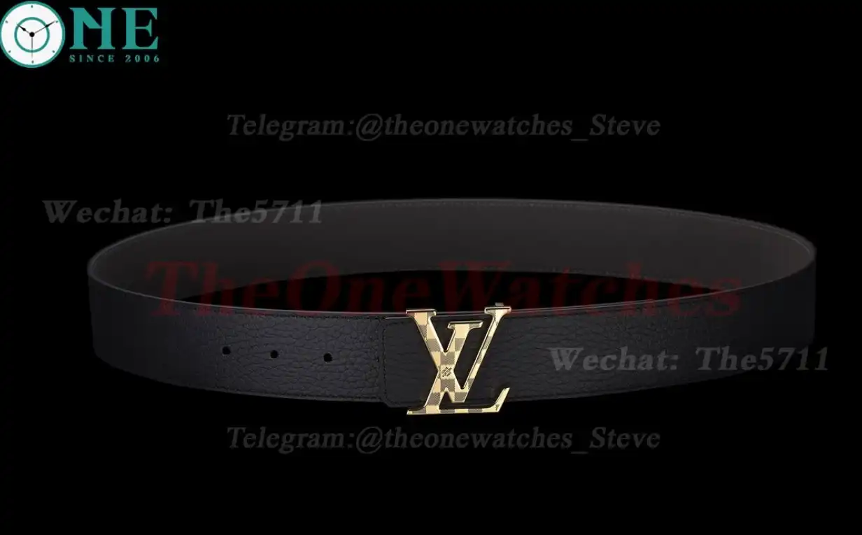 Yellow Gold Stamp LV Brass Buckle on Black Leather Belt 4.0cm