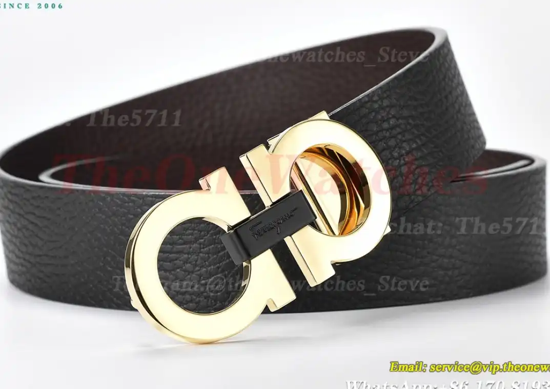 YG Brass Buckle on Black Brownish Leather Belt 3.5cm