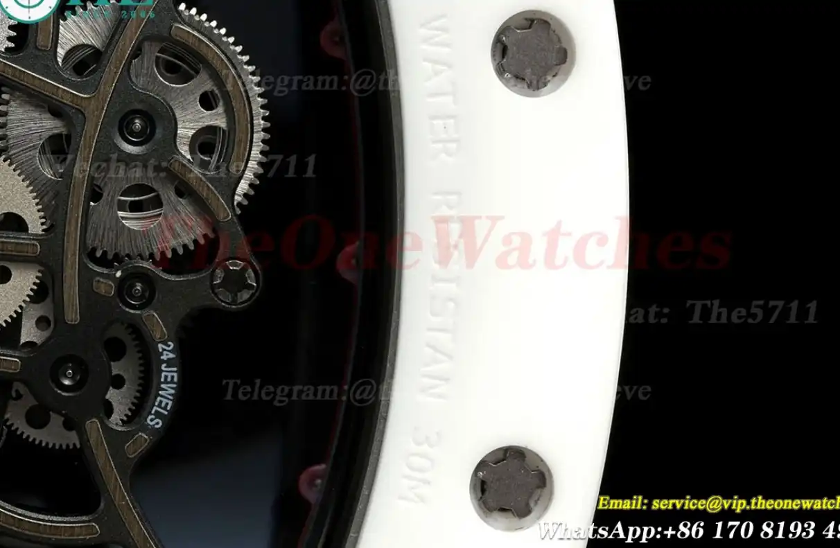 RM055 White Ceramic Red Skeleton Dial On White Rubber Strap T+F RMUL2