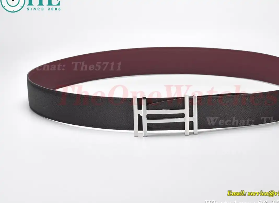 Silver Hermes SS Buckle on Red Black Leather Belt 3.8cm