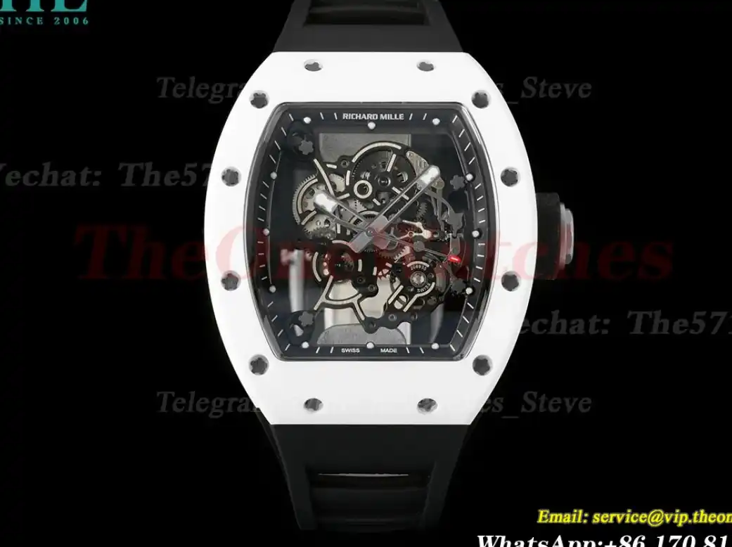 RM055 White Ceramic Black Skeleton Dial On Black Rubber Strap T+F RMUL2