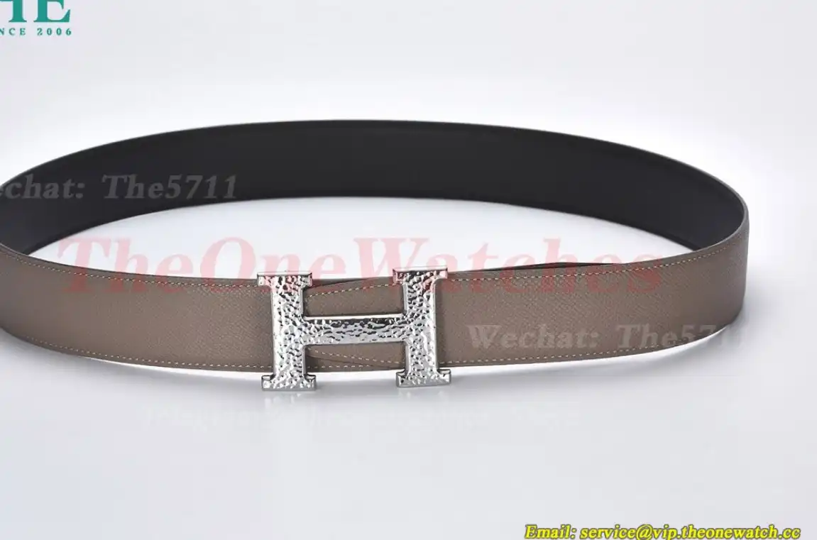 Silver Hermes SS Buckle on apricot Black Leather Belt 3.8cm