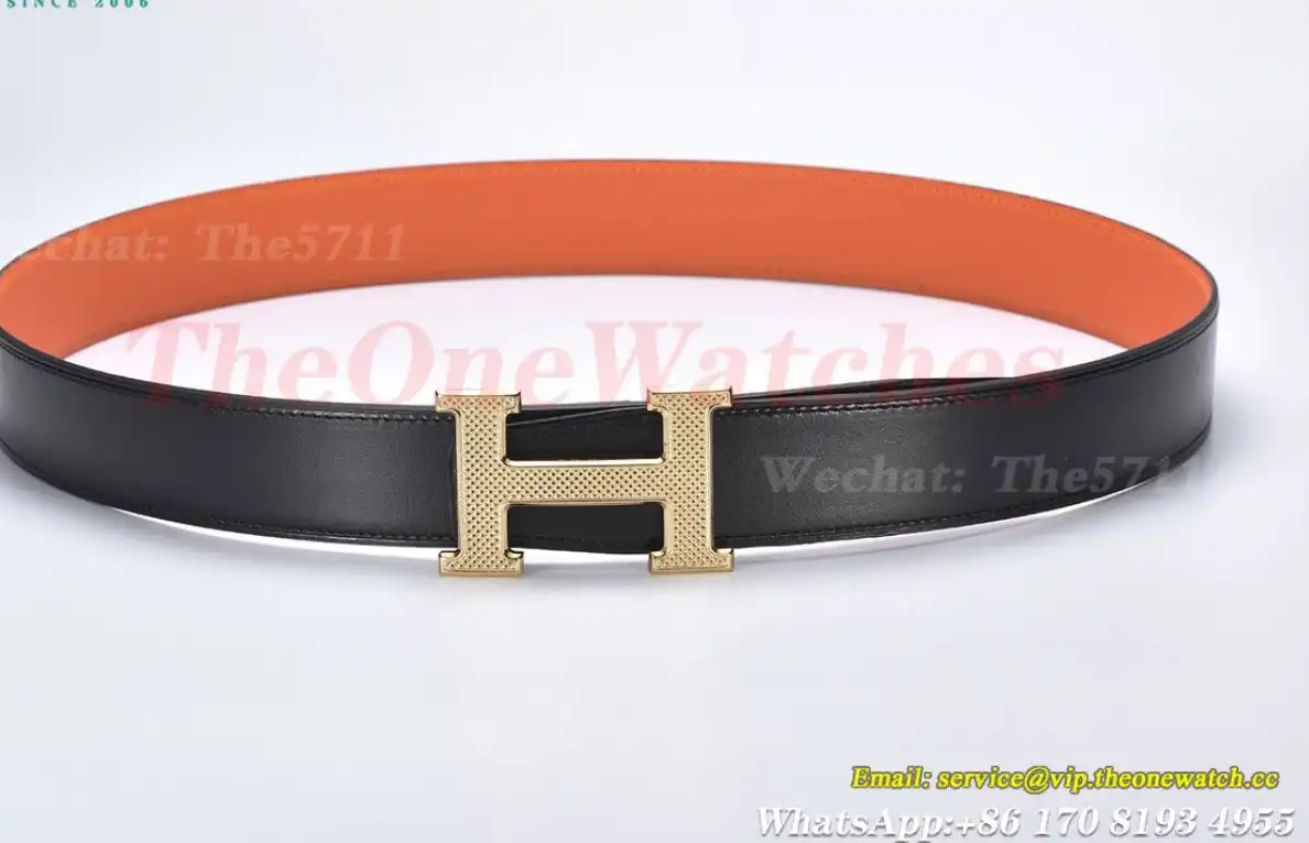 YG Hermes SS Buckle on Orange Black Leather Belt 3.8cm