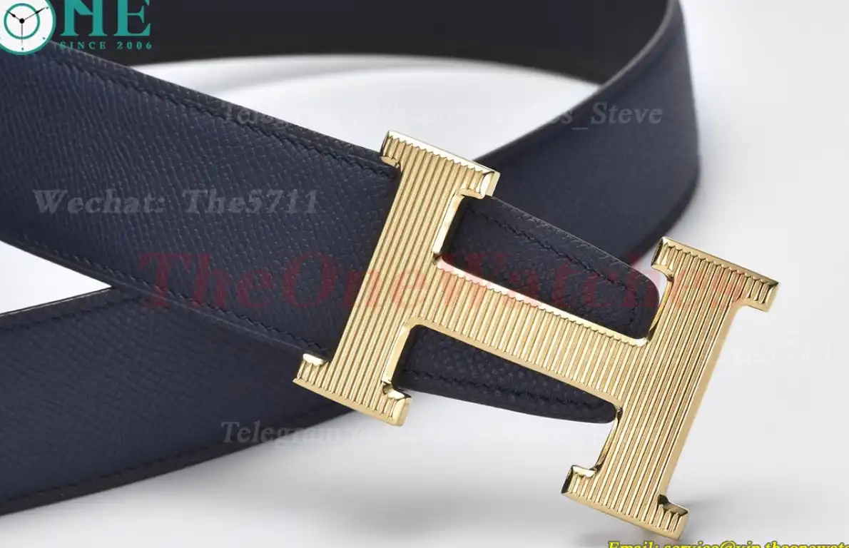 YG Hermes SS Buckle on Blue Black Leather Belt 3.8cm