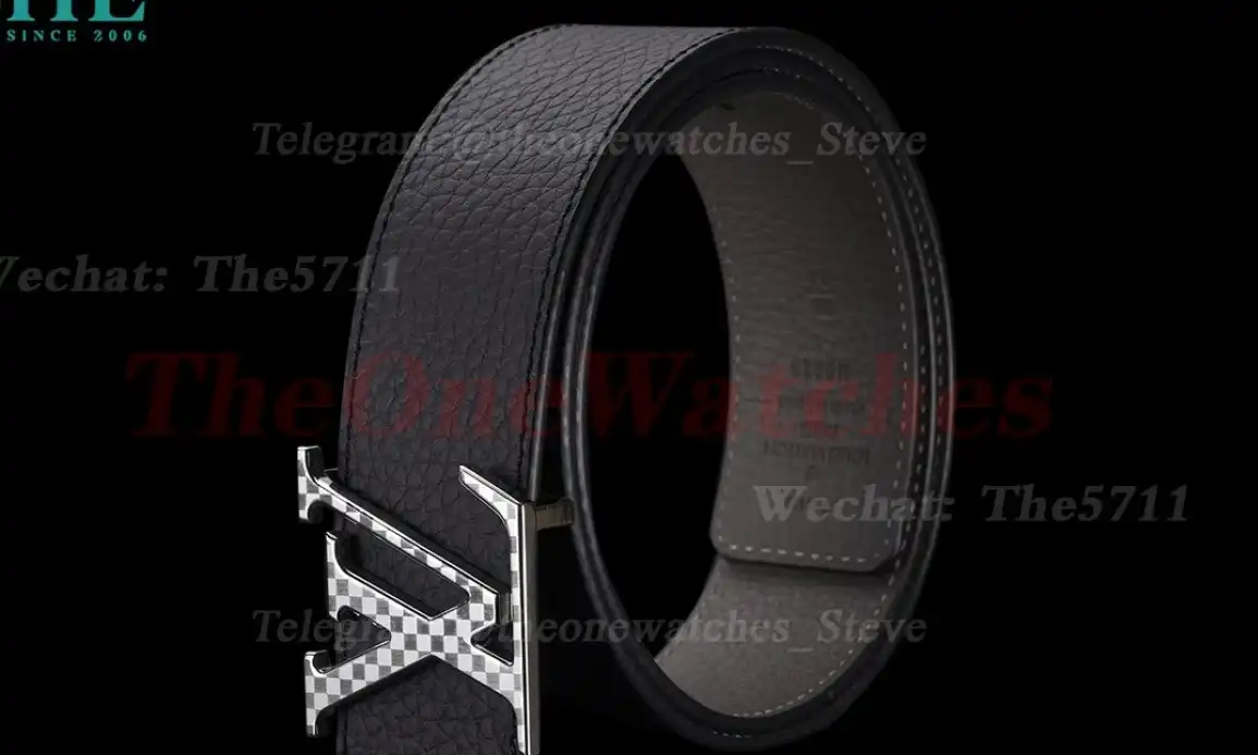 Silver Stamp LV Brass Buckle on Black Leather Belt 4.0cm