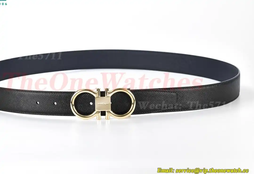 YG Brass Buckle on Black Blue Leather Belt 3.5cm