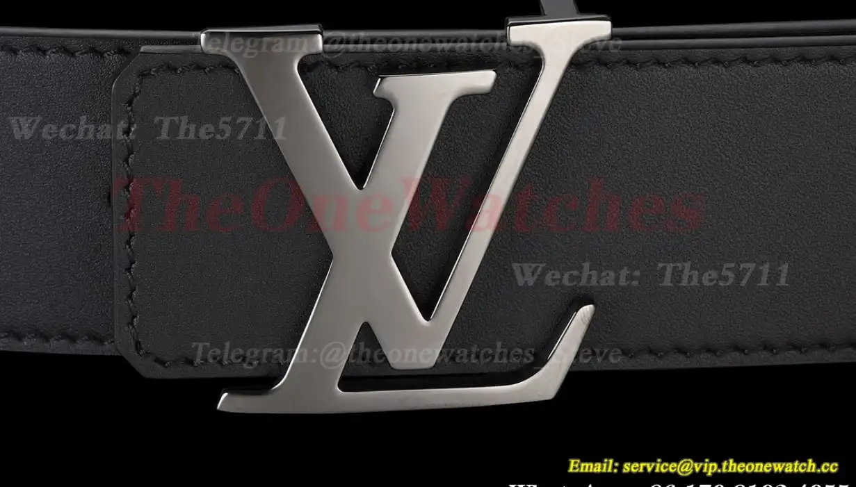 Bright Grey LV Brass Buckle on Black Leather Belt 4.0cm