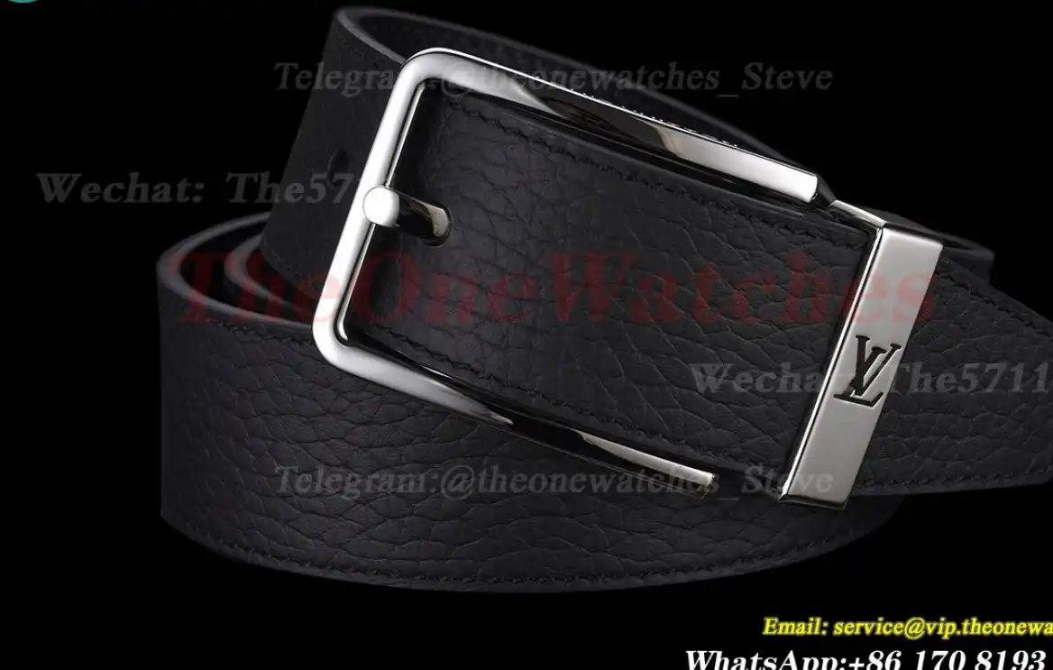 Silver LV SS Buckle on Black Leather Belt 3.5cm