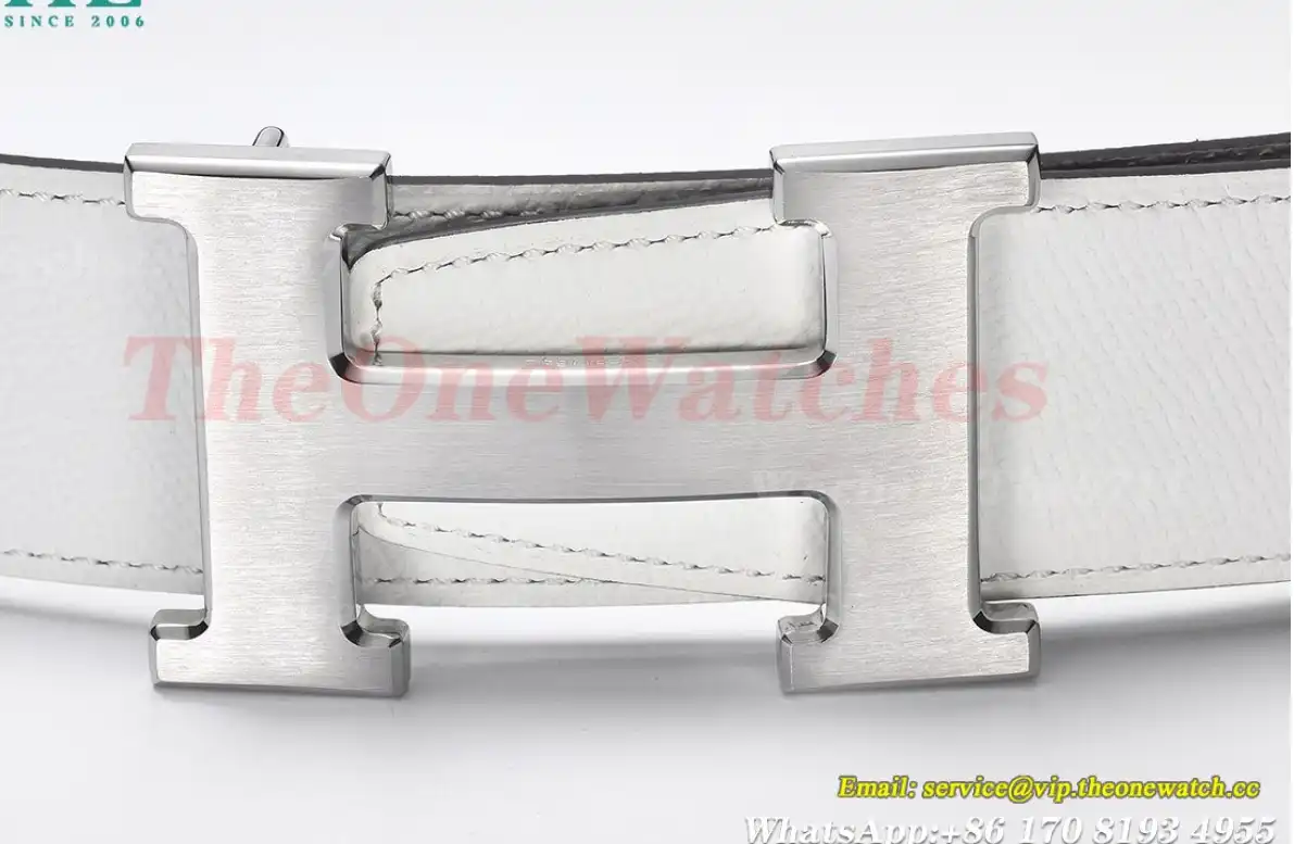 Silver Hermes SS Buckle on White Black Leather Belt 3.8cm