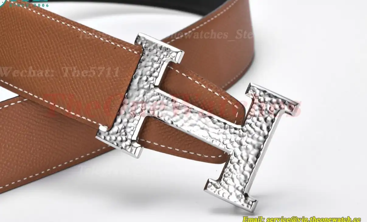 Silver Hermes SS Buckle on Brown Black Leather Belt 3.8cm