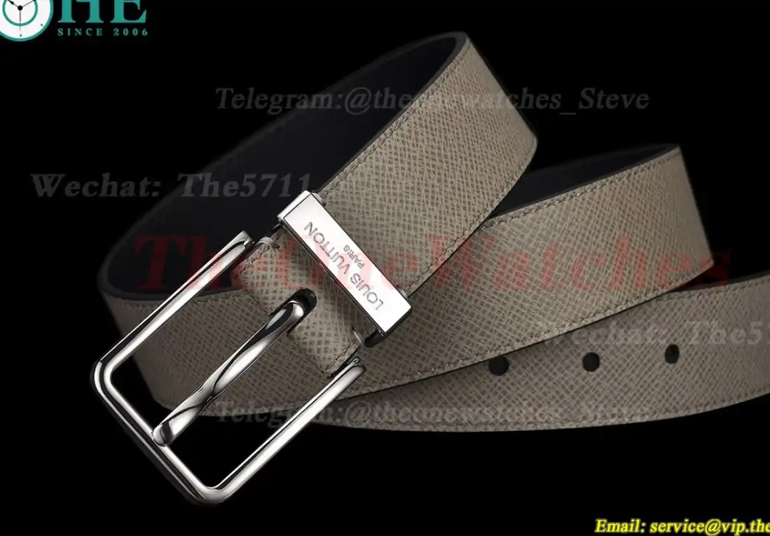 Silver LV SS Buckle on Beige Leather Belt 3.5cm