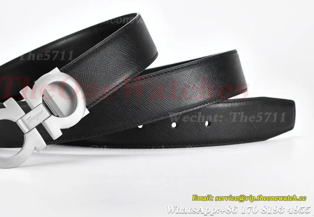 Silver Brass Buckle on Black Black Leather Belt 3.5cm