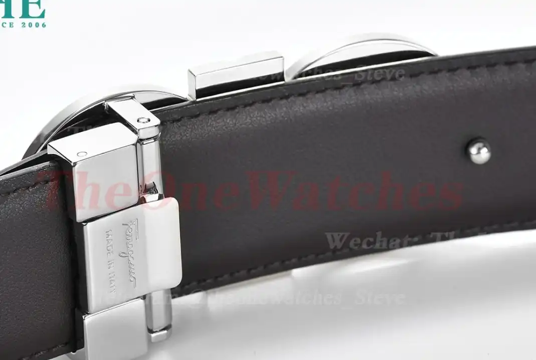 Silver Brass Buckle on Black Black Leather Belt 3.5cm