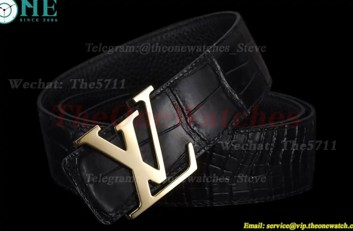 Yellow Gold LV Brass Buckle on Black Leather Belt 4.0cm