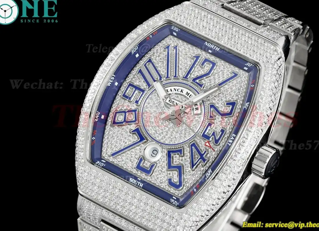 Vanguard Mens 44mm Full Diamond SS SS Blue ABF A2824