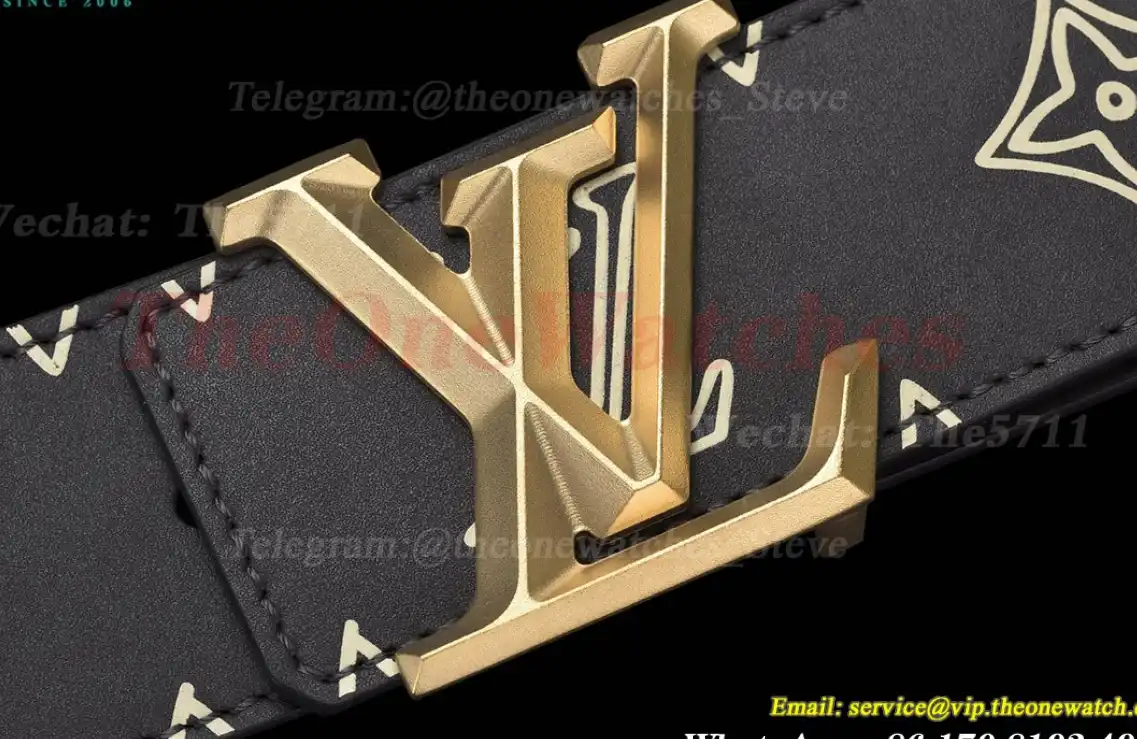 Yellow Gold LV Brass Buckle on Black Leather Belt 4.0cm