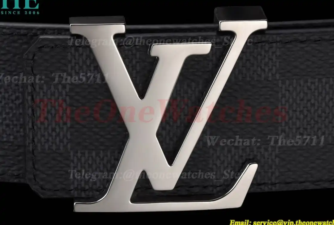 Bright Grey LV Brass Buckle on Black Leather Belt 4.0cm