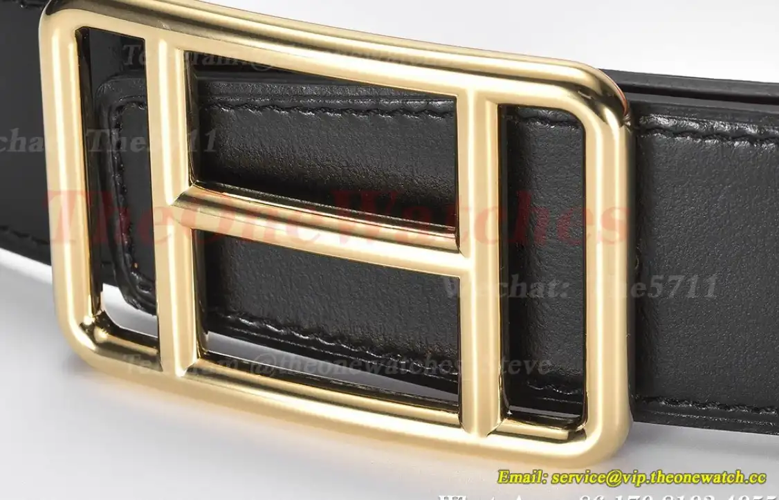 YG Hermes SS Buckle on Orange Black Leather Belt 3.8cm