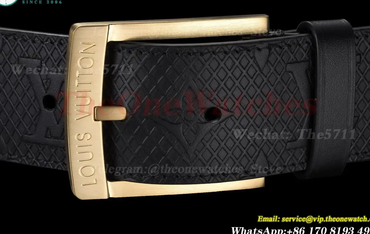 Yellow Gold LV Brass Buckle on Black Leather Belt 4.0cm