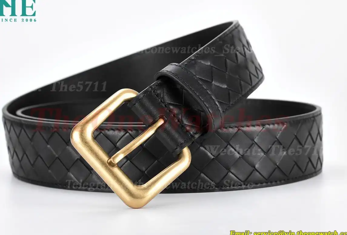 YG Brass Buckle on Black Braided Leather Belt 4.0cm