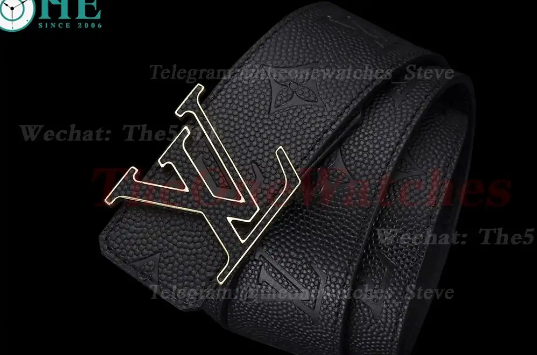 Yellow Gold LV Brass Buckle on Black Leather Belt 4.0cm