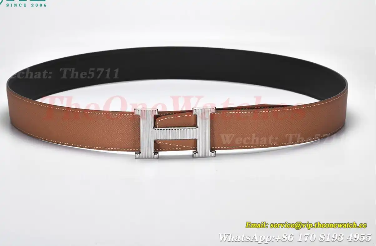 Silver Hermes SS Buckle on Brown Black Leather Belt 3.8cm