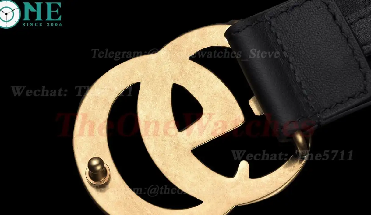 Gold Double G Buckle on Black Leather Belt 3.0cm