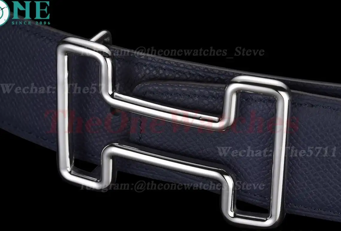 Silver Hermes SS Buckle on Blue Leather Belt 3.8cm