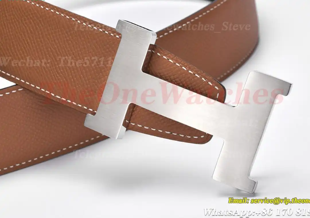 Silver Hermes SS Buckle on Brown Black Leather Belt 3.8cm