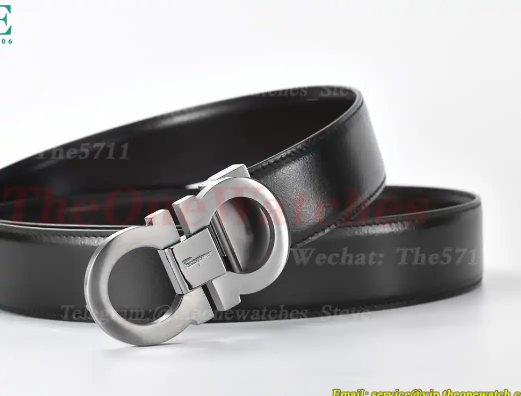 Bright Grey Brass Buckle on Black Black Leather Belt 3.5cm