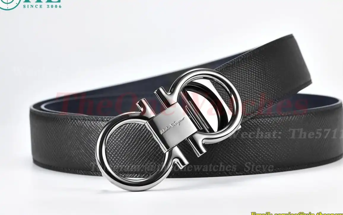 Bright Grey Brass Buckle on Black Blue Leather Belt 3.5cm