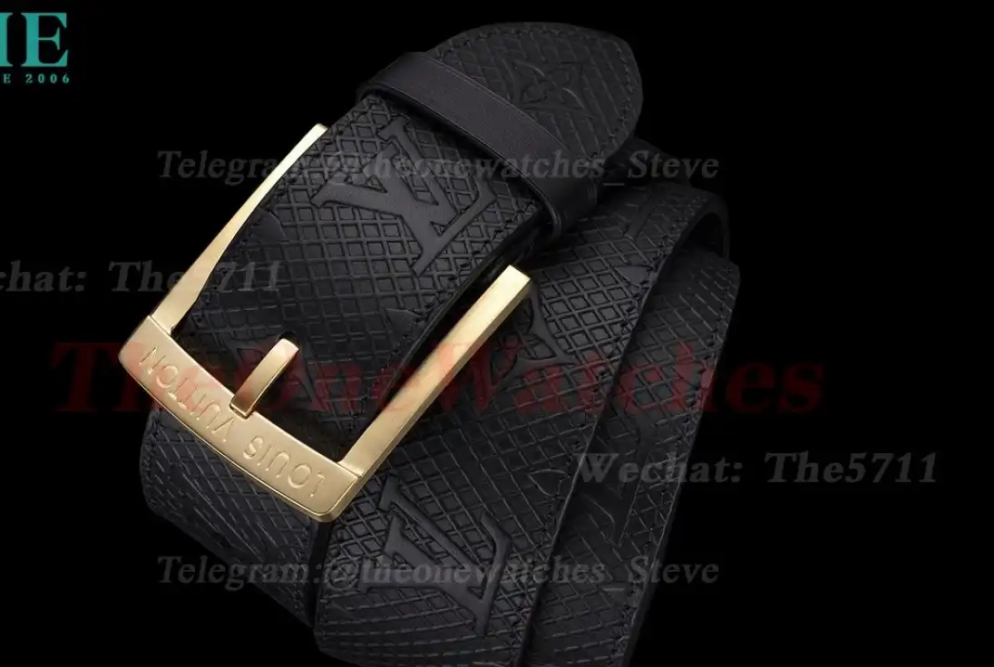 Yellow Gold LV Brass Buckle on Black Leather Belt 4.0cm