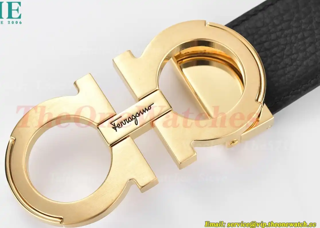 YG Brass Buckle on Black Brownish Leather Belt 3.5cm