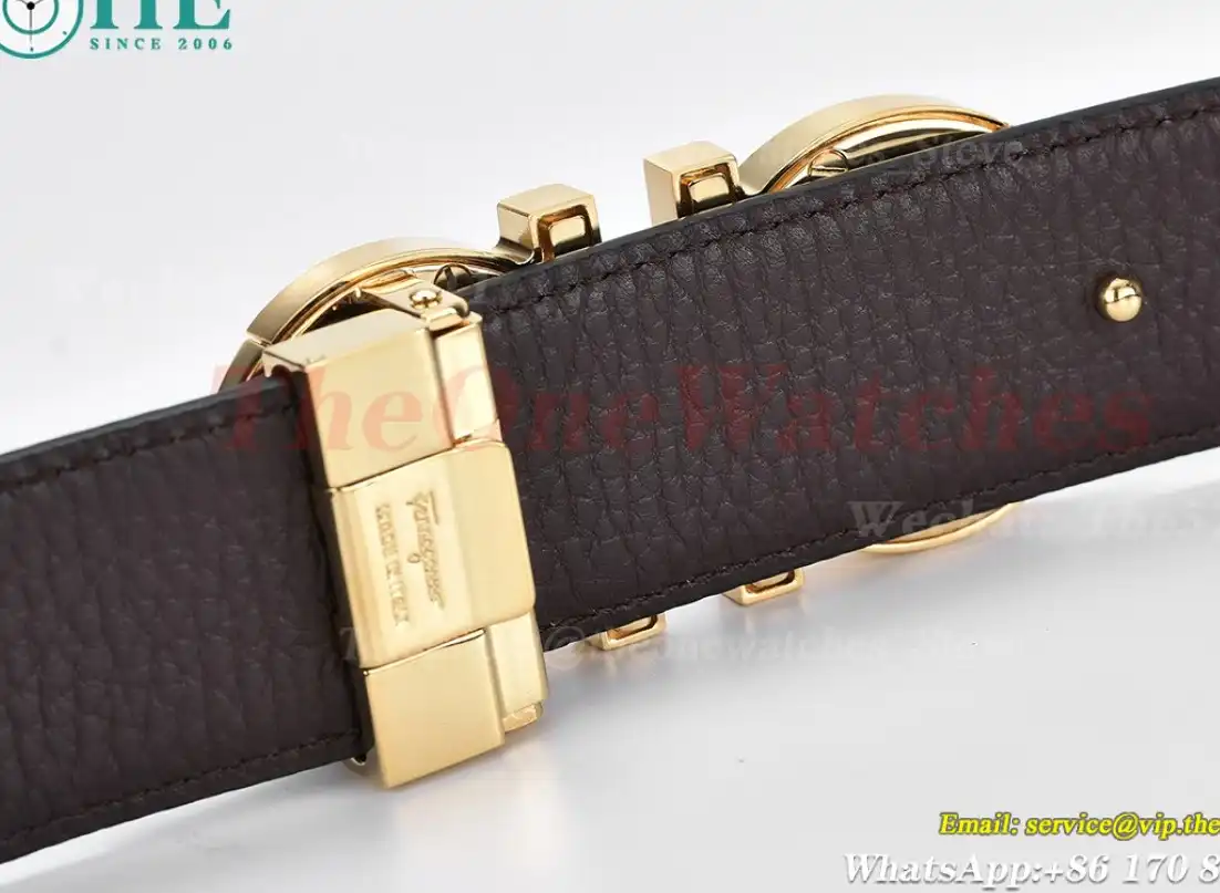 YG Brass Buckle on Black Brownish Leather Belt 3.5cm