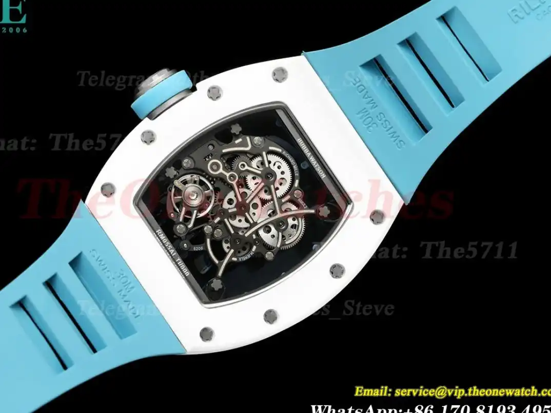 RM055 White Ceramic Blue Skeleton Dial On Blue Rubber Strap T+F RMUL2