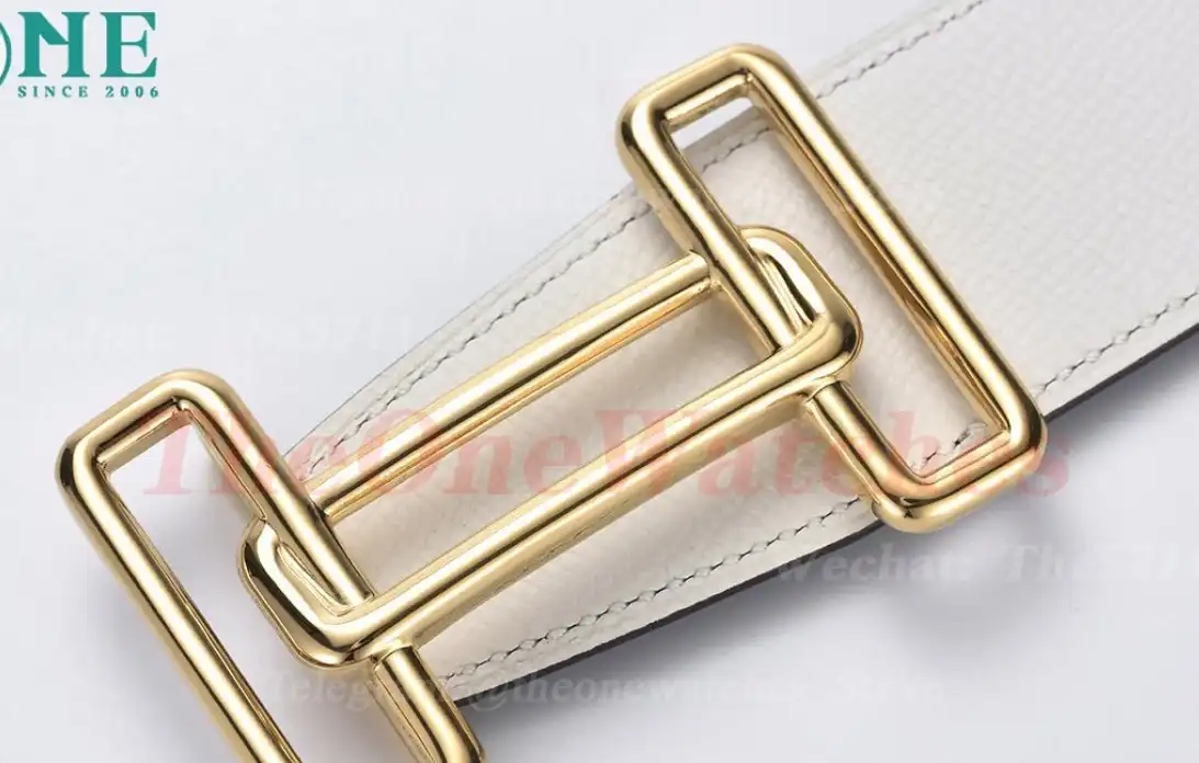 YG Hermes SS Buckle on White Black Leather Belt 3.8cm