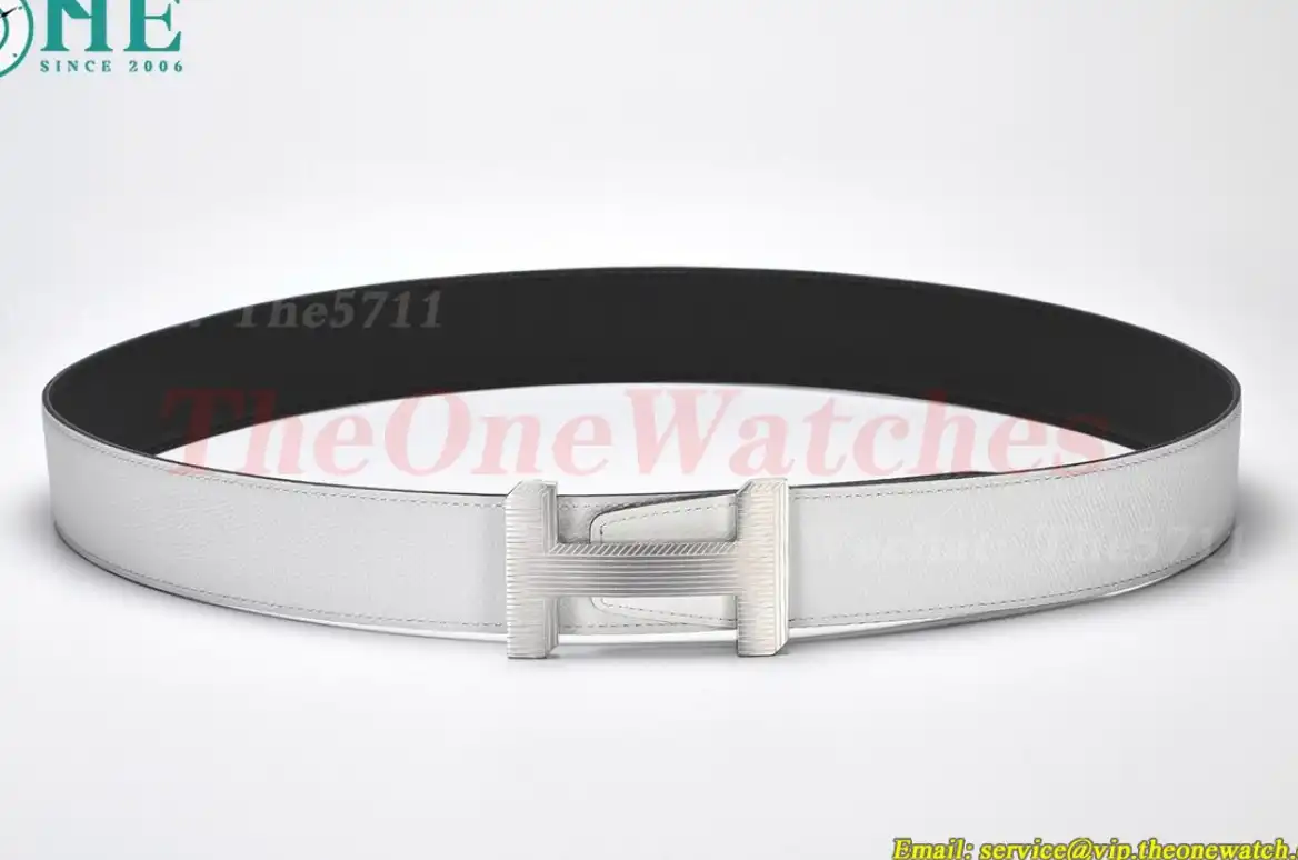 Silver Hermes SS Buckle on White Black Leather Belt 3.8cm