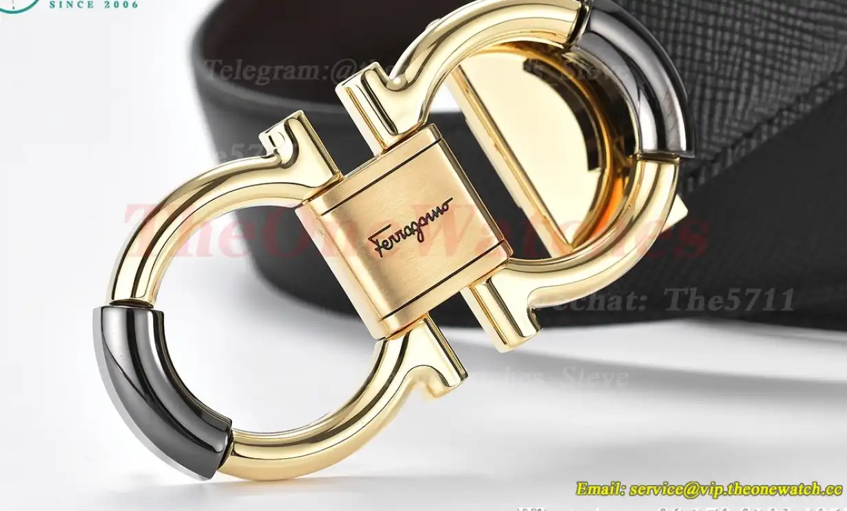 YG Brass Buckle on Black Brownish Leather Belt 3.5cm