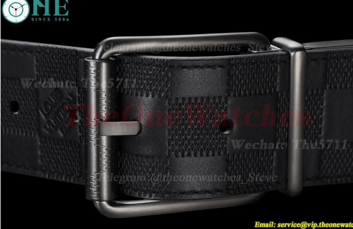 Bright Grey LV Brass Buckle on Black Grey Leather Belt 4.0cm