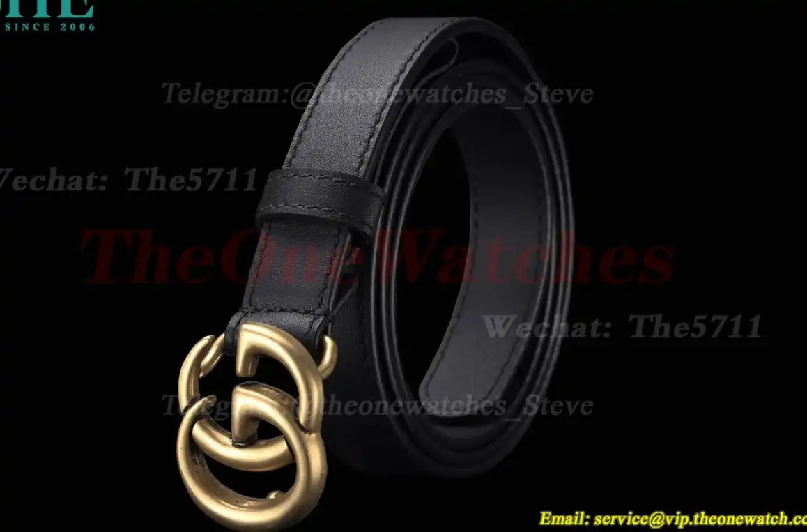 Gold Double G Buckle on Black Leather Belt 2.0cm