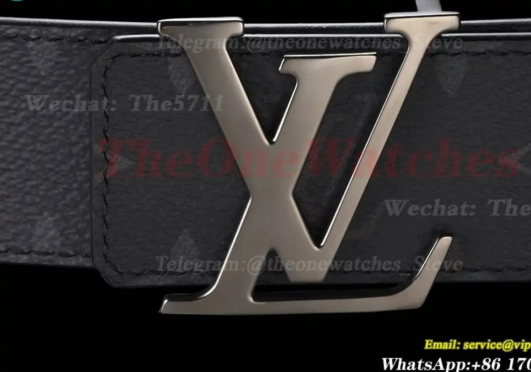 Bright Gray LV Brass Buckle on Black Leather Belt 4.0cm