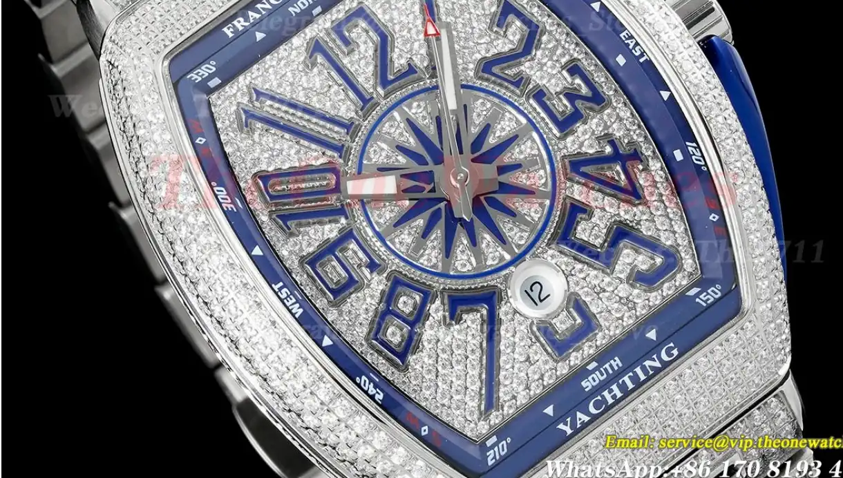 Yachting Mens 44mm Full Diamond SS SS Blue ABF A2824