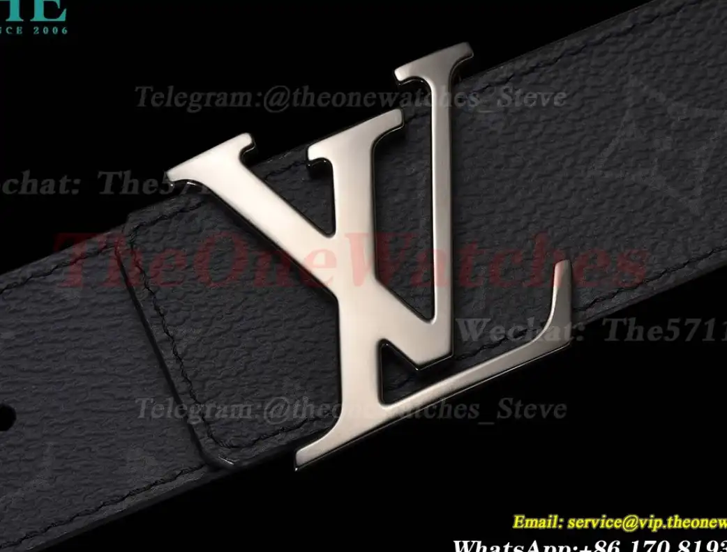 Bright Gray LV Brass Buckle on Black Leather Belt 4.0cm