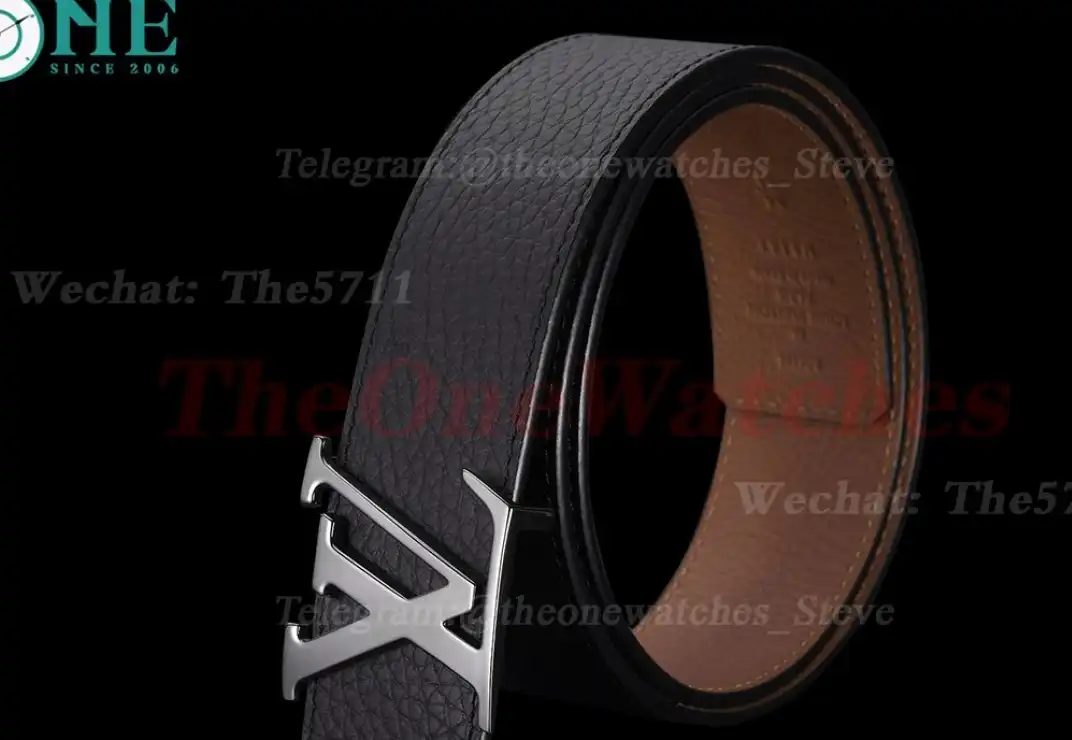 Bright Grey LV Brass Buckle on Black Leather Belt 4.0cm