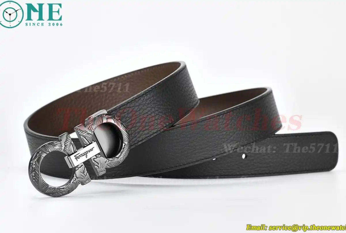 Bright Grey Brass Buckle on Black Brownish Leather Belt 3.5cm