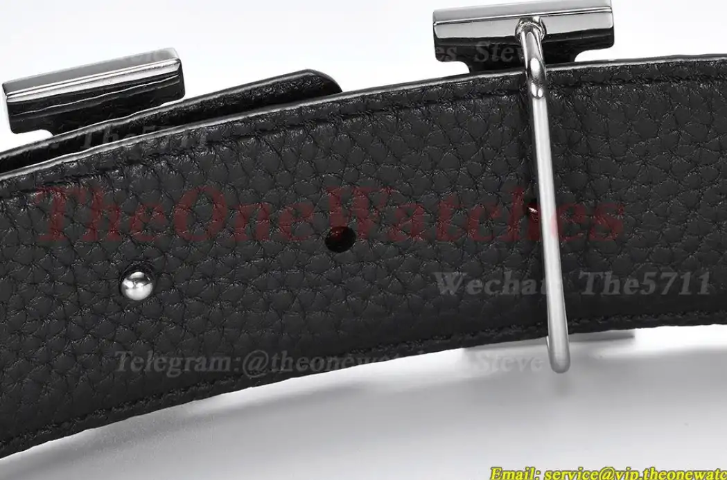 Silver Hermes SS Buckle on Black Black Leather Belt 3.8cm