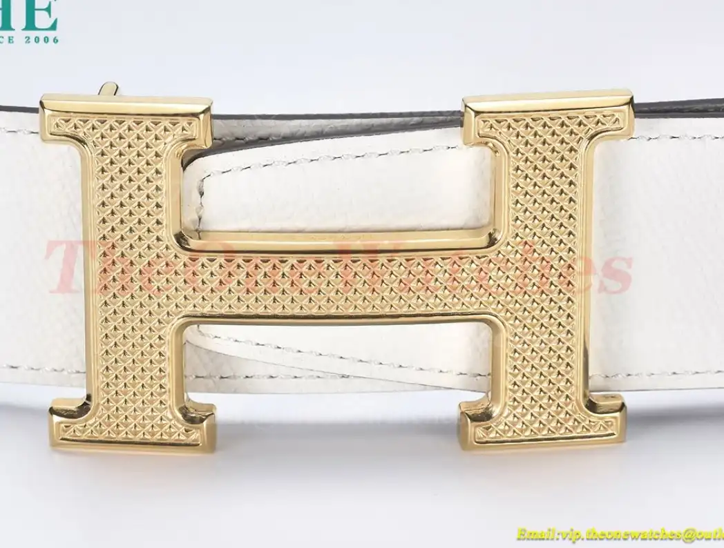 YG Hermes SS Buckle on White Black Leather Belt 3.8cm